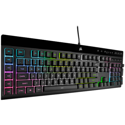 Teclado Corsair com iluminação RGB multicolorida e teclas pretas.
