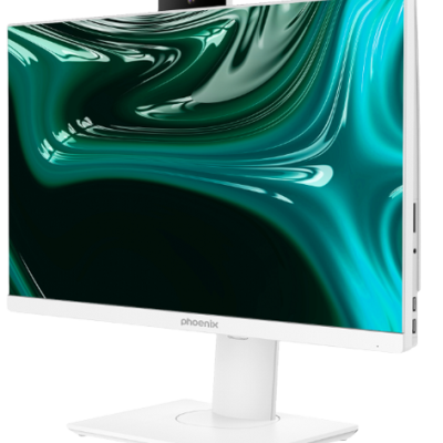 Monitor de computador branco com base retangular e câmara pop-up