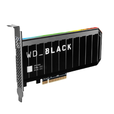 Placa SSD NVMe WD_BLACK AN1500 preta com texto branco e iluminação RGB.