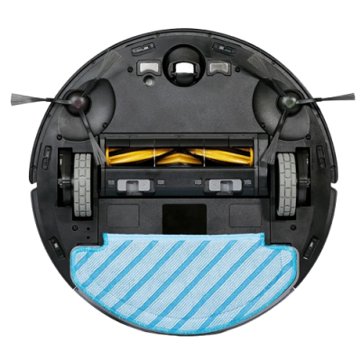 Robô aspirador de pó visto de baixo com escovas e pano de limpeza