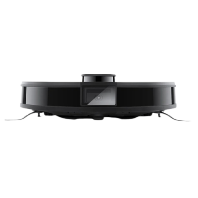 Aspirador robô preto com sensor dianteiro e escovas laterais