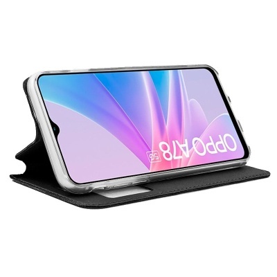 Capa de telemóvel preta com telemóvel OPPO A78 em modo de suporte
