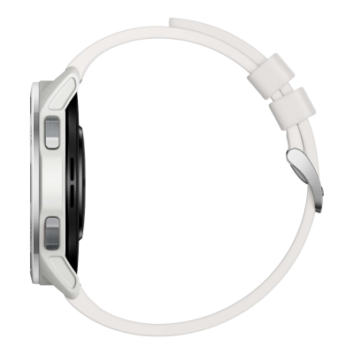 Relógio inteligente com bracelete branca e caixa prateada