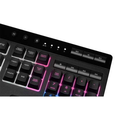 Teclado mecânico preto com iluminação RGB e botões multimédia