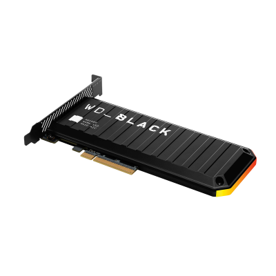 Unidade SSD WD BLACK PCIe NVMe preta com texto branco e detalhes coloridos
