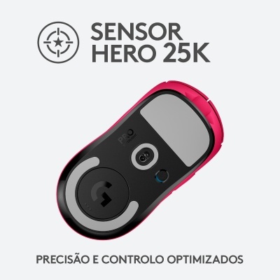 Sensor para rato preto com detalhes rosa e textos explicativos