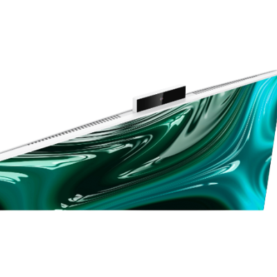 Monitor curvo com padrão abstrato verde e azul