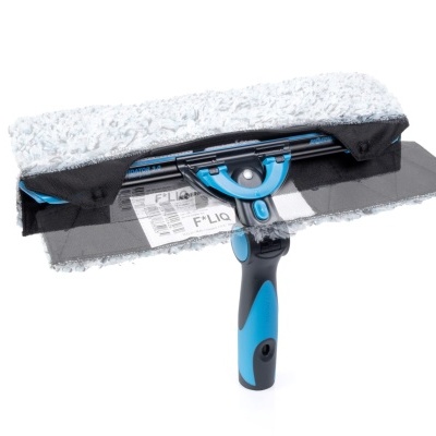 Esfregona dupla de limpeza para janelas com microfibra cinza e lâmina de borracha.