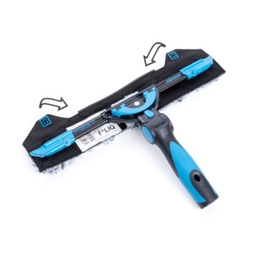 Ferramenta de limpeza para janelas com cabo preto e azul sobre fundo branco