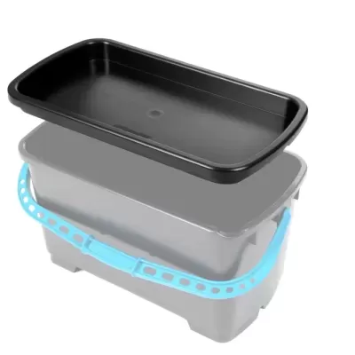 Caixa plástica cinza com tampa preta e pega azul translúcida