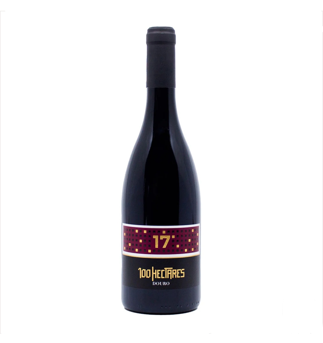 Garrafa de vinho tinto 100 HECTARES com rótulo vermelho e dourado