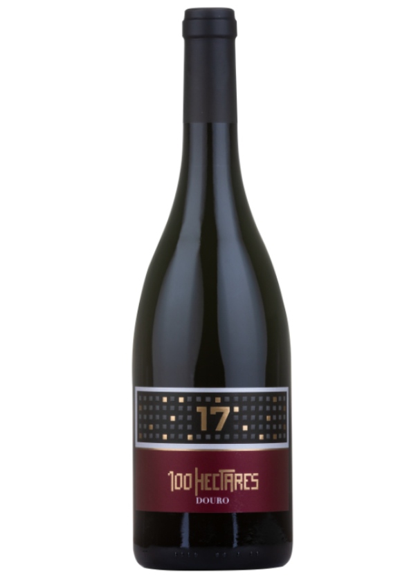 Garrafa de vinho tinto 100 Hectares Douro com rótulo preto e granada