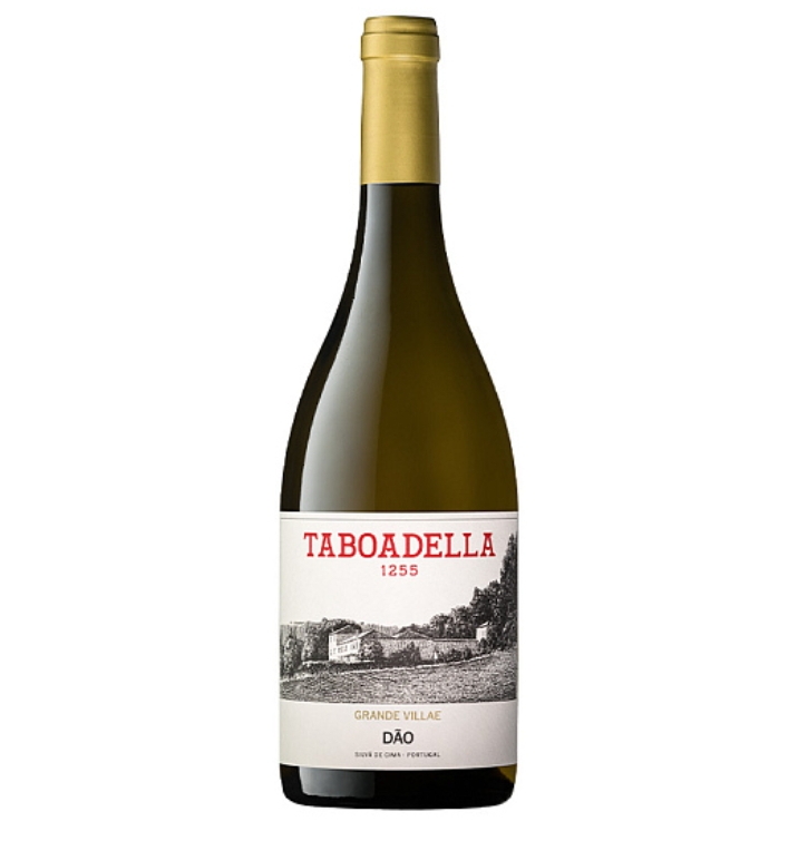 Garrafa de vinho branco com rótulo Taboadella e tampa dourada