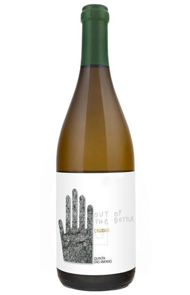 Garrafa de vinho com rótulo branco, tampa verde e ilustração de uma mão preta