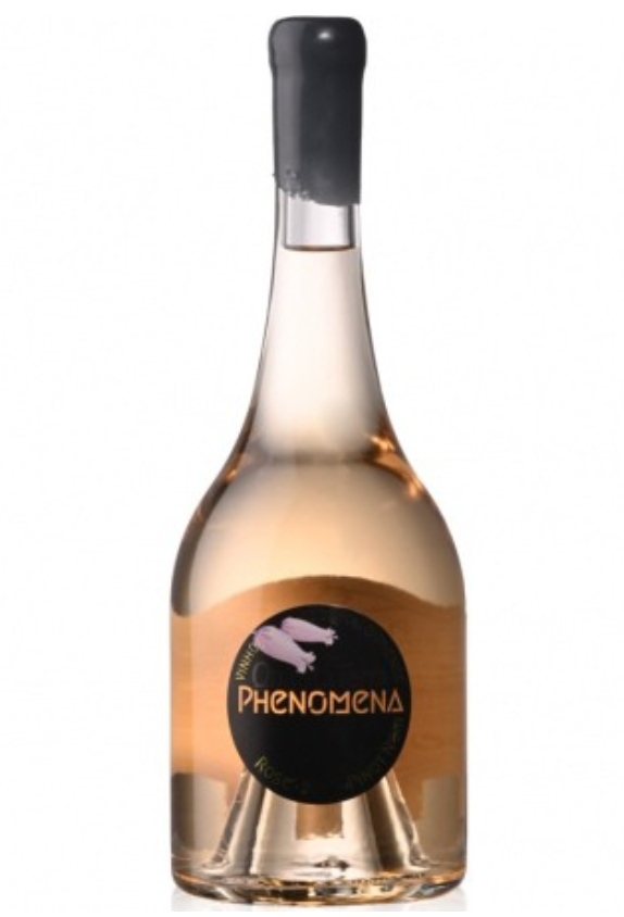 Garrafa de vinho rosé PHENOMENA com rótulo preto e tampa preta
