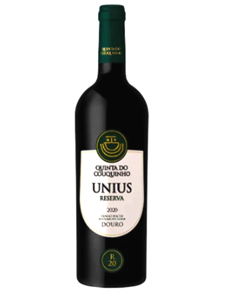 Garrafa de vinho tinto Quinta do Couquinho Unius Reserva 2020 com rótulo branco e tampa verde
