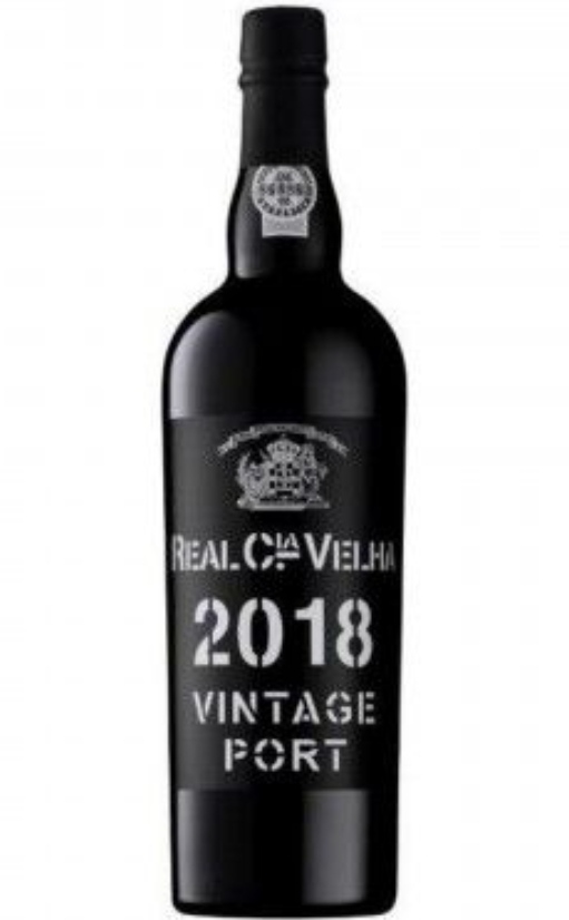 Garrafa de vinho do Porto vintage 2018 com rótulo preto e selo prateado