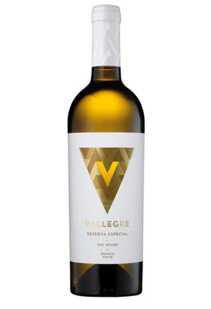 Garrafa de vinho branco Vallegre Reserva Especial com rótulo branco e dourado