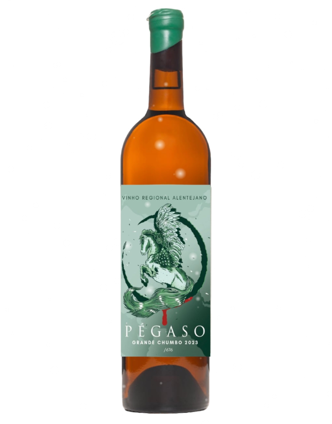 Garrafa de vinho com rótulo verde claro e ilustração de cavalo alado