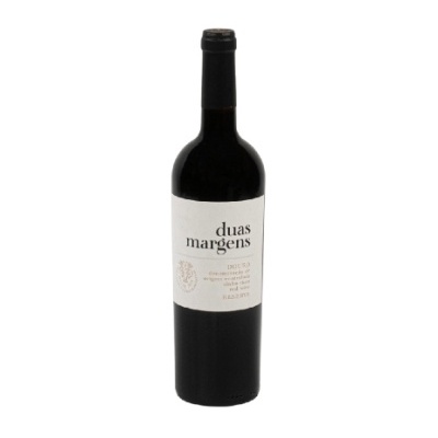 Garrafa de vinho tinto Duas Margens com rótulo branco e cápsula preta