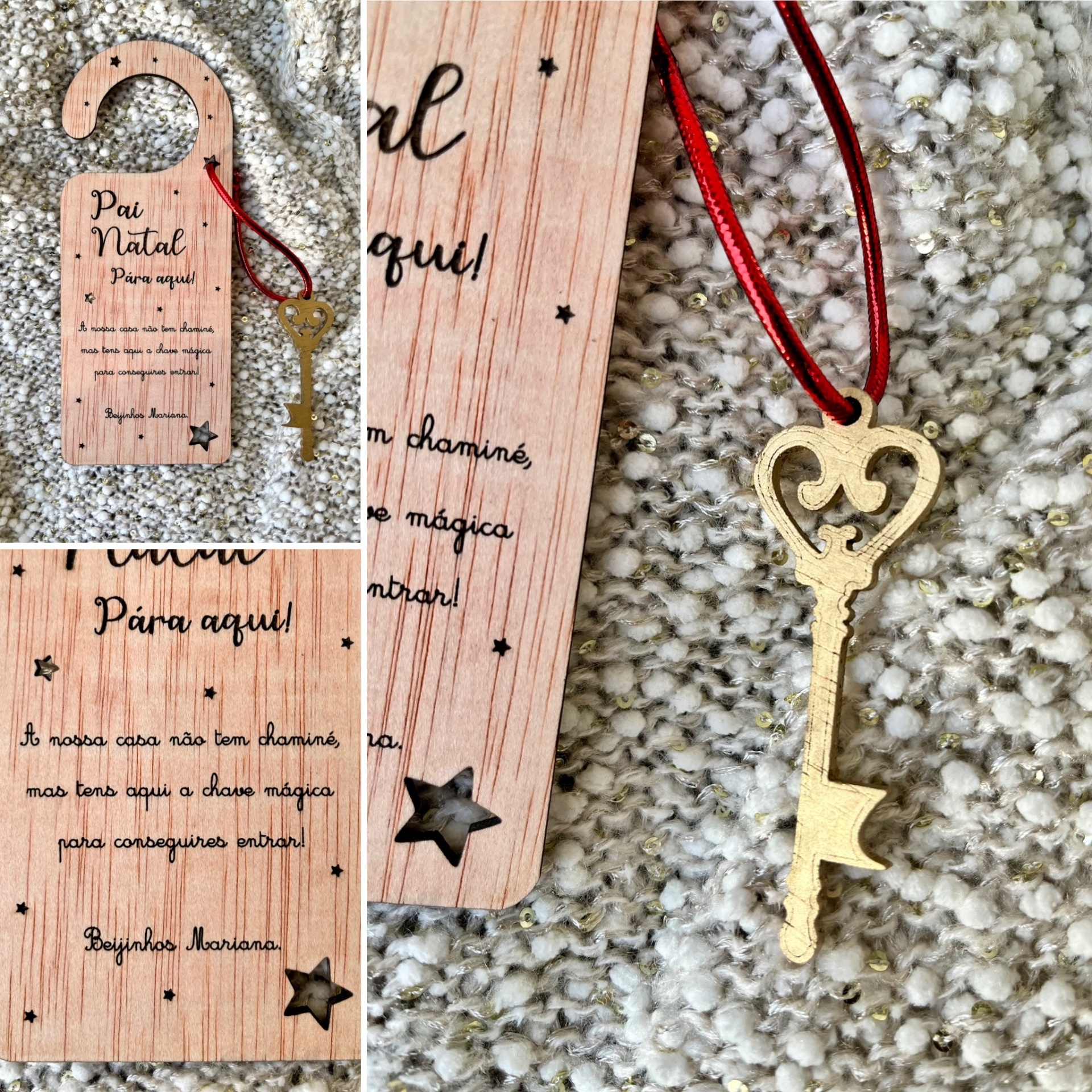 Placa decorativa de madeira com chave dourada pendurada e texto em português para o Pai Natal