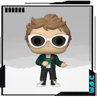 Figura Funko Pop de vinil com jaqueta verde, óculos brancos e uma rosa vermelha