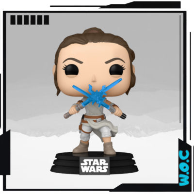 Figura Funko Pop da Rey de Star Wars com sabres de luz azuis
