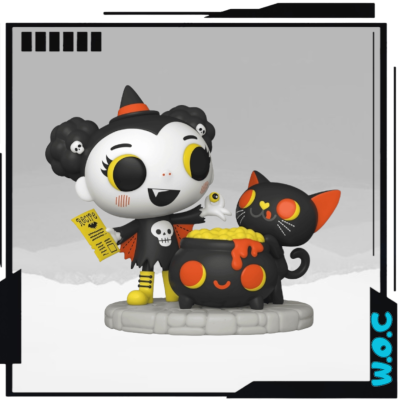 Figura colecionável Funko Pop de bruxa, gato preto e caldeirão preto com detalhes laranja, base cinza.