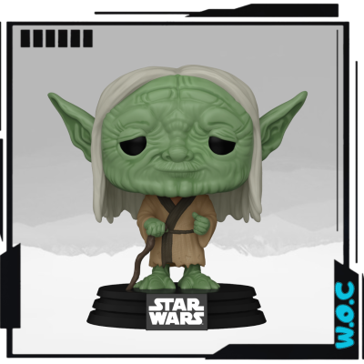 Boneco colecionável Star Wars com pele verde, cabelo branco e roupa castanha em base preta.