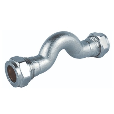 Tubo metálico curvado em S com roscas prateadas nas pontas