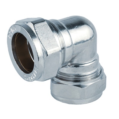 Conector metálico prateado em forma de cotovelo para tubagens