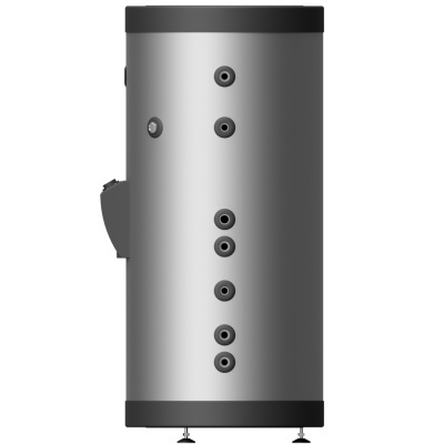 termoacumulador cilíndrico cinza metálico com tampas preta e orifícios frontais