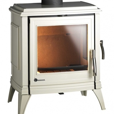 Lareira fechada em ferro fundido branco com vidro frontal e puxador preto