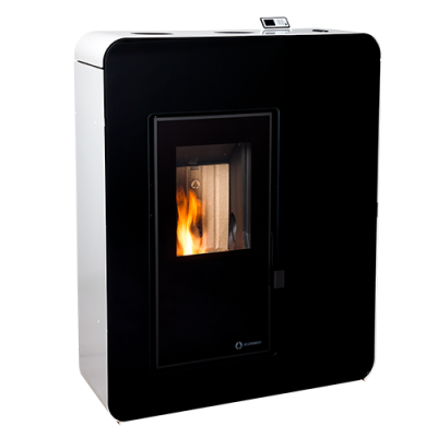 Lareira a pellets preta e branca com chama visível e painel digital