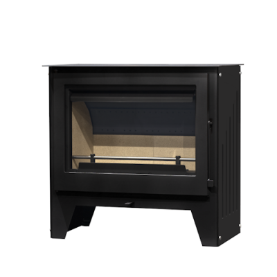 Lareira preta em metal com vidro frontal transparente