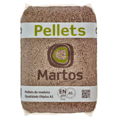 Saco de pellets de madeira Martos com etiqueta branca e texto indicativo