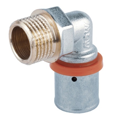 Conector de ângulo metálico com rosca bronze e anel vedante vermelho