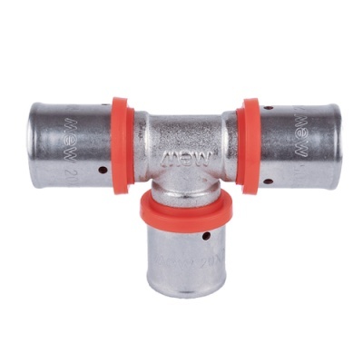 Conector em T para tubos metálicos com anéis vermelhos