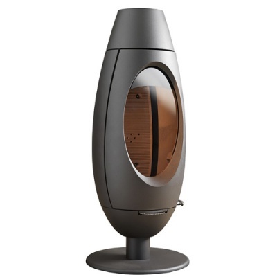 Lareira moderna cinza escuro com vidro oval transparente e interior castanho