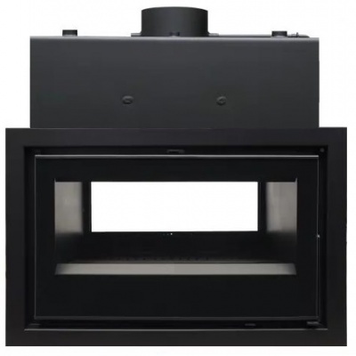 Lareira preta com estrutura metálica e vidro frontal