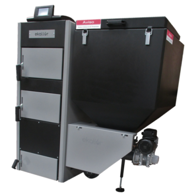 Caldeira preta e cinzenta ekollor com portas e etiquetas vermelhas de aviso