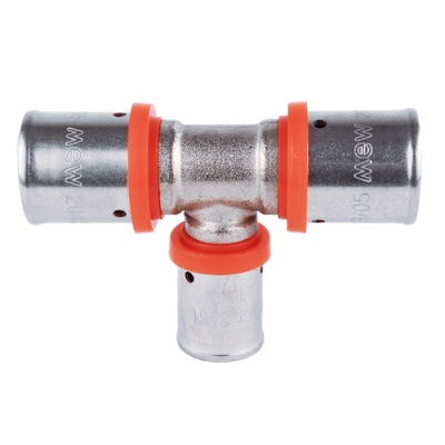 Conetor em T metálico com anéis laranjas para tubos