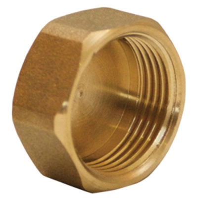 Tampão roscado hexagonal de latão dourado com filetes internos.
