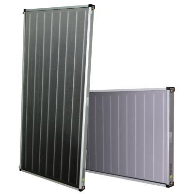 Dois painéis solares retangulares com estrutura metálica, um preto e outro cinza