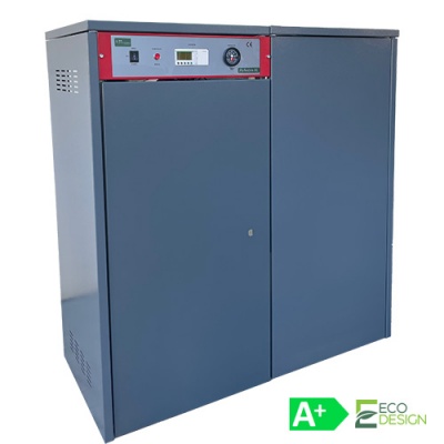 Aparelho industrial cinza com painel vermelho e mostrador digital, selo ECODESIGN e classificação A+