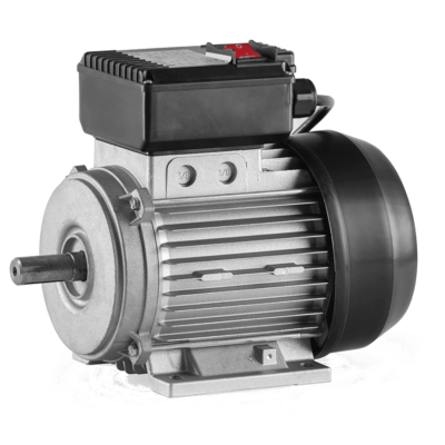 Motor elétrico cinza metálico com caixa preta e cabo de energia