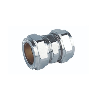 Conector metálico cromado com superfícies hexagonais para aperto