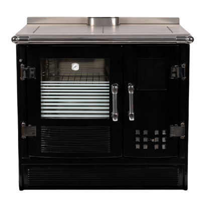 Fogão a lenha preto em aço com vidro e termómetro na porta