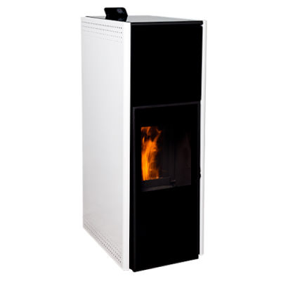 Lareira branca com painel frontal preto e fogo visível