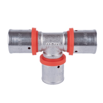 Conector em T para tubos metálicos com anéis vermelhos